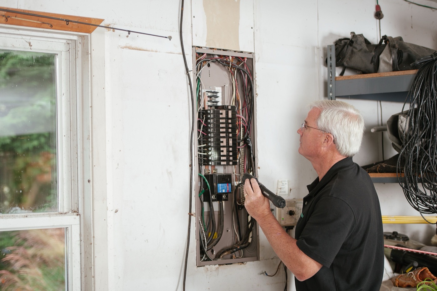 A gray-haired electrician in glasses and a black polo inspects an open residential circuit breaker panel in a garage, holding a flashlight up to the wiring.