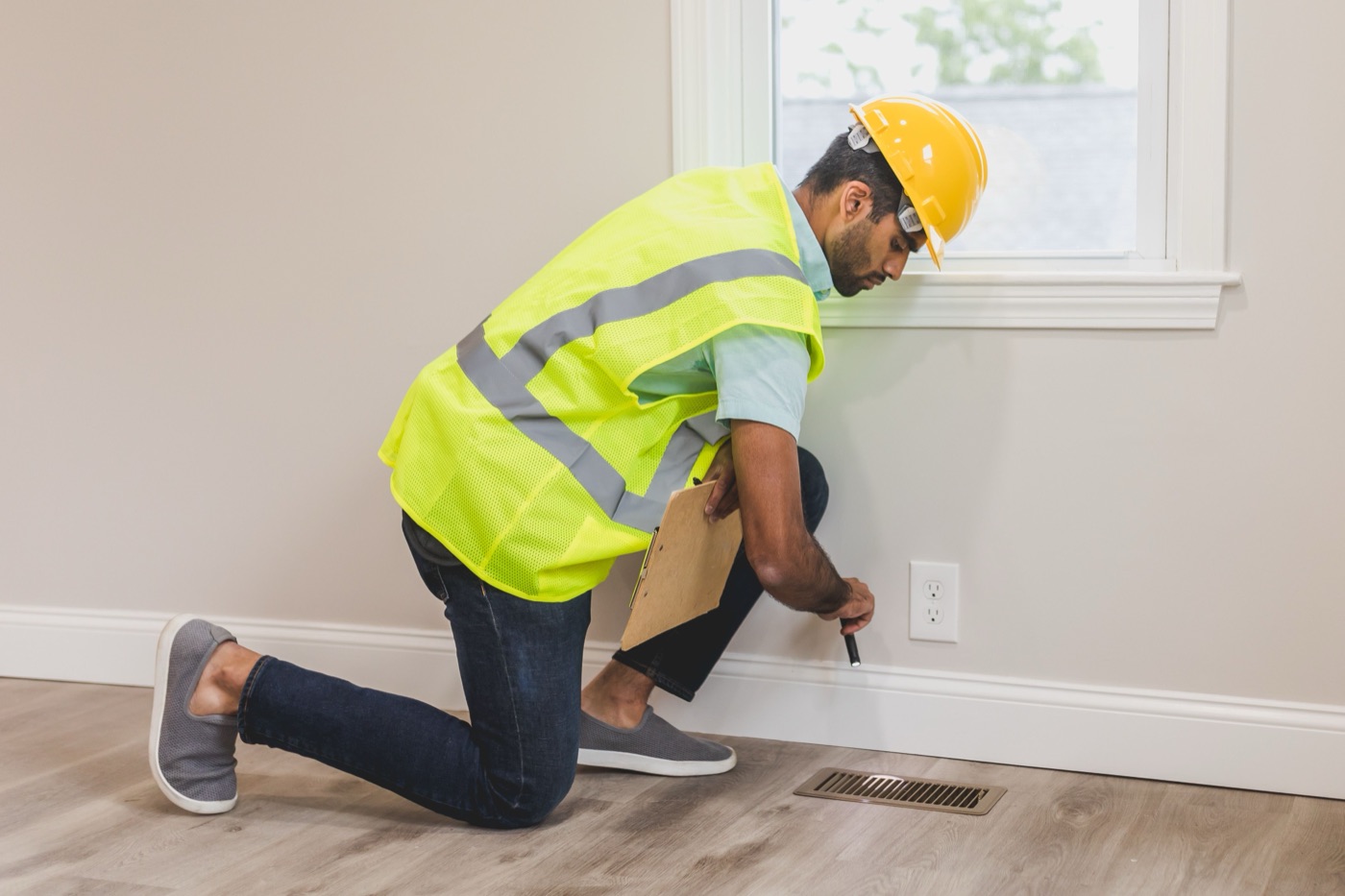 A tradesman in a yellow hard hat and high-visibility vest kneels with a clipboard and penlight to check a wall outlet beside a floor air register in a freshly finished room.